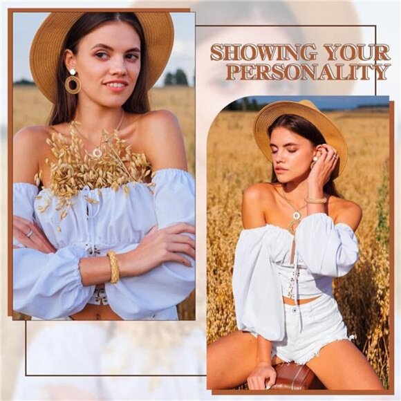 3 Pcs Rattan Necklace Earrings Bracelet Set Includes Dangle Earring Bohemian - Picture 5 of 5